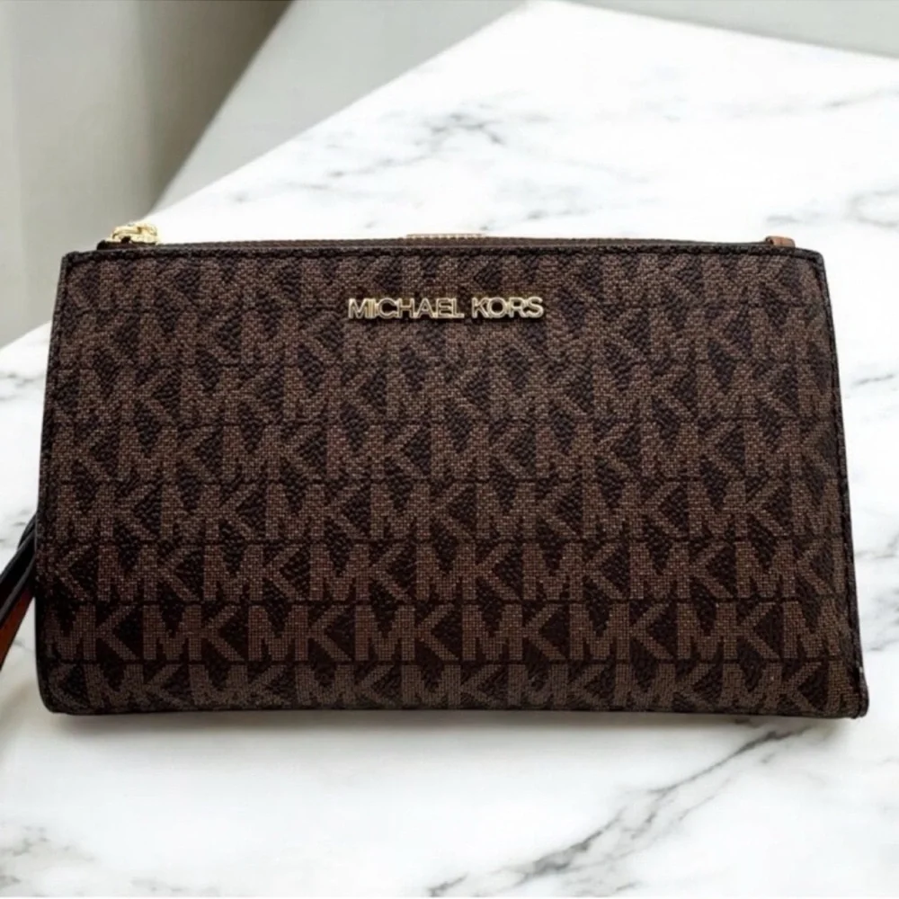 Michael Kors Large Jet Set Travel Double Zip Wallet Brown/Gold